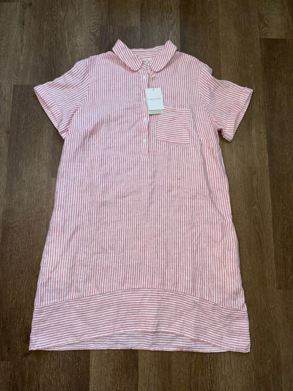 Garnet Hill Pink White Striped Linen Shirt Dress XL Button Pocket